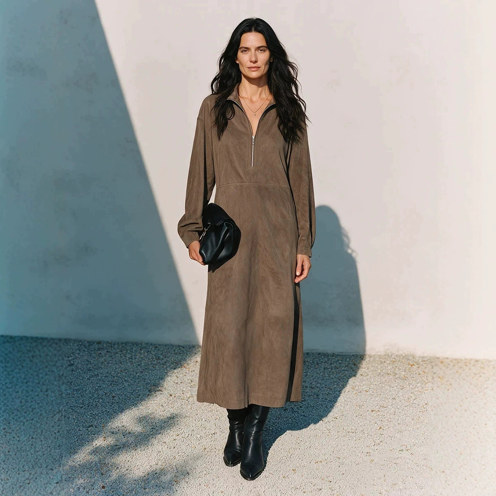 ZARA Womens Autumn Half Zip Suede Midi Dress Loose Long Sleeve Straight